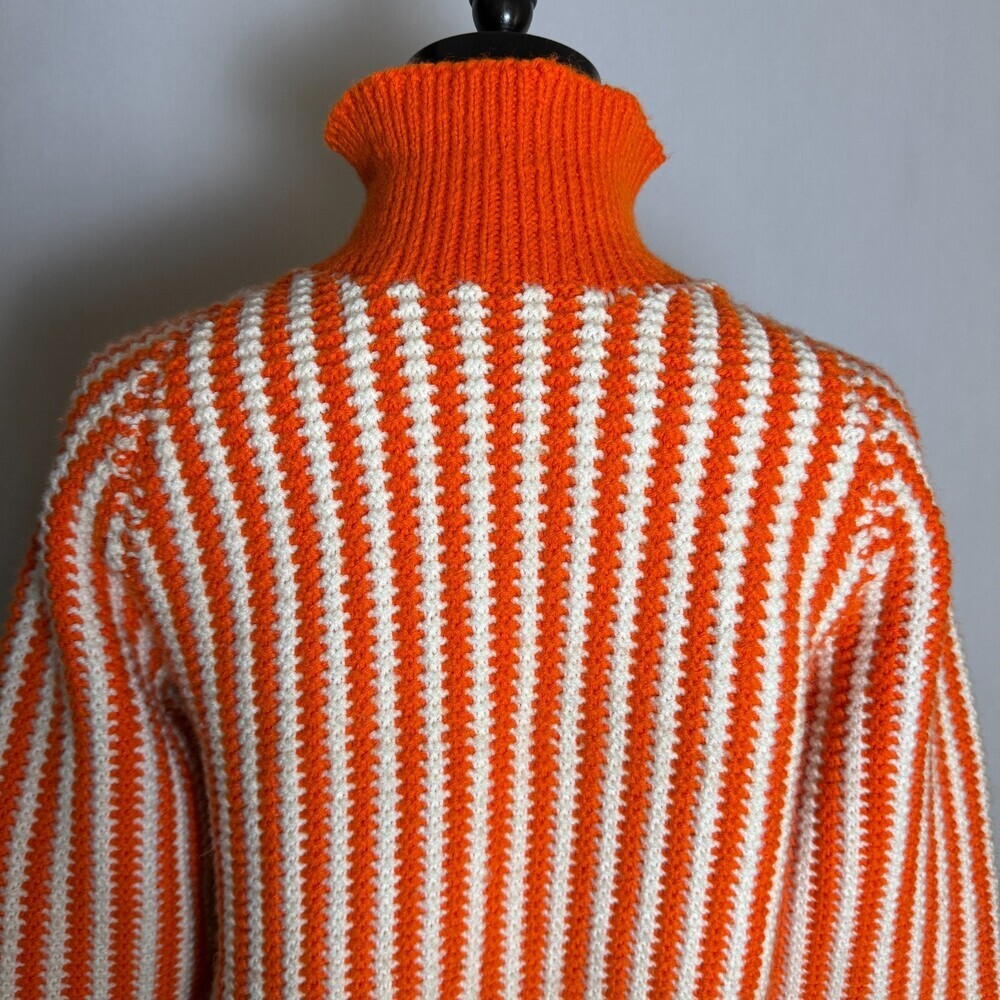 Handmade HandKnit Women's Sweater Orange & White Stripes, Sz L, Turtle/Mock Neck - Picture 9 of 16